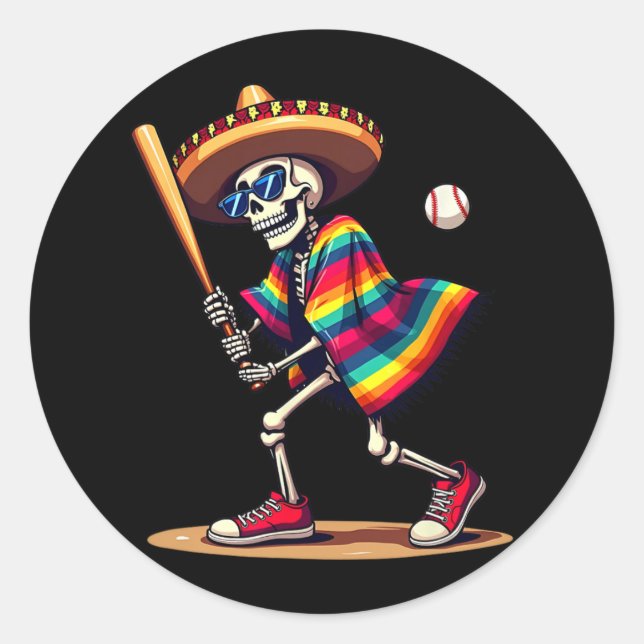 Sticker Rond Mariachi Skeleton Baseball Cinco De Mayo Mexicain  (Devant)