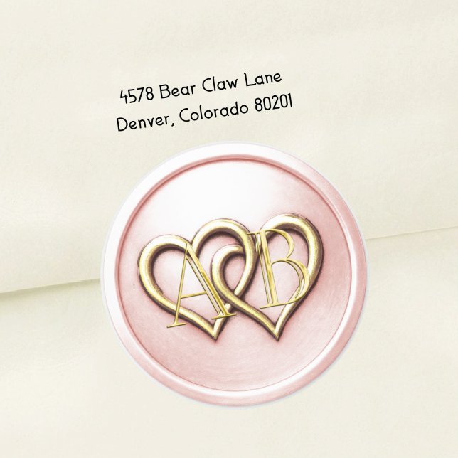 Sticker Rond Mariage 2 Lt Pink Two Hearts Gold Monogram (Créateur téléchargé)