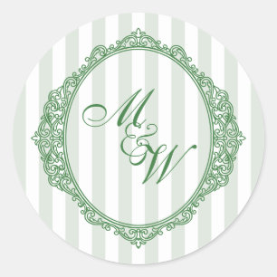 Sticker Rond Mariage à Amalfi Coast Sage Stripe Crest Monogram