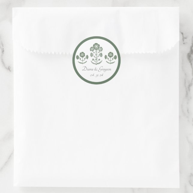 Sticker Rond Mariage à impression botanique verte et blanche (Sac)