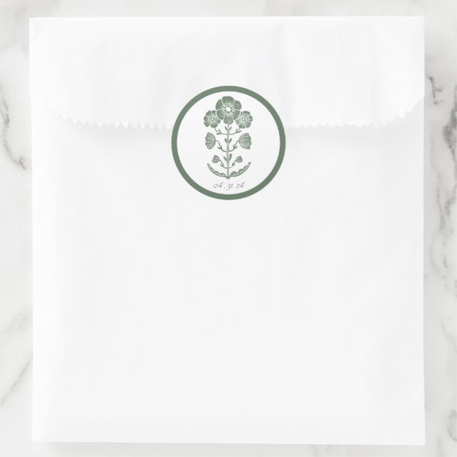 Sticker Rond Mariage à impression botanique verte et blanche (Sac)