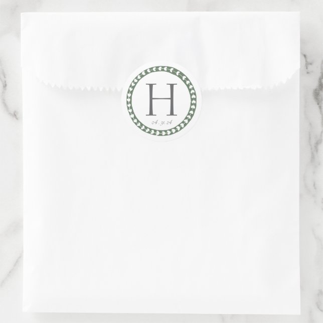 Sticker Rond Mariage à impression botanique verte et blanche (Sac)
