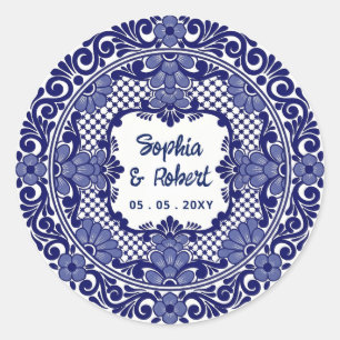 Sticker Rond Mariage à la Talavera Bleue Mexicaine