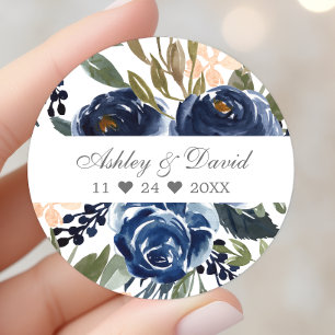 Sticker Rond Mariage à l'aquarelle à motif floral bleu marine
