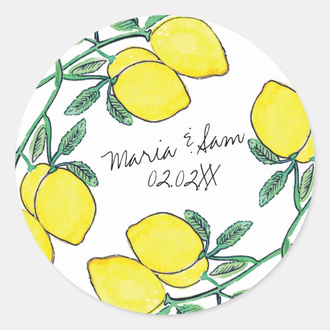 Sticker Rond Mariage à l'aquarelle Citron Script (Devant)