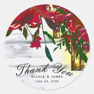 Sticker Rond Mariage à l'aquarelle de roses rouges romantiques 
