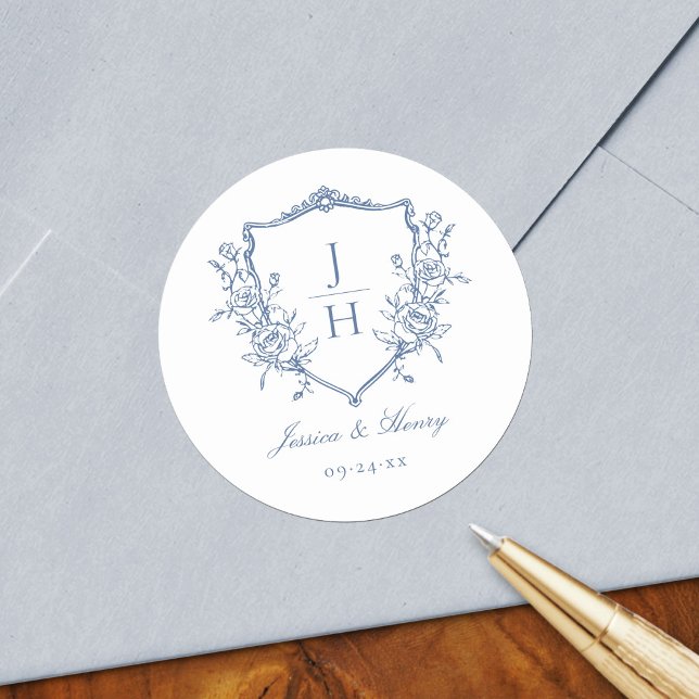 Sticker Rond Mariage à Monogramme de Blason Floral de Régence B (Créateur téléchargé)