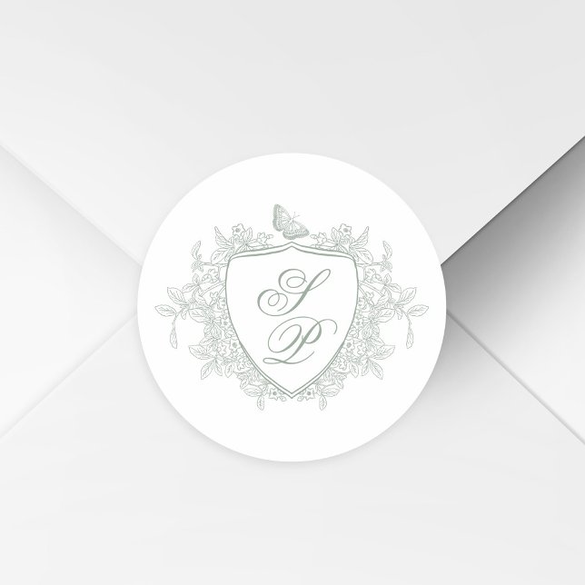 Sticker Rond Mariage à monogramme de crête vert sauge (Créateur téléchargé)
