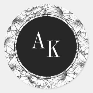 Sticker Rond Mariage à monogramme floral noir et blanc