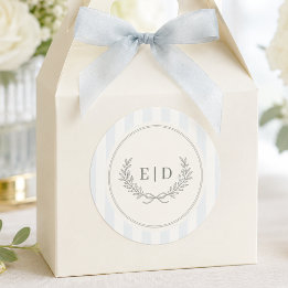 Sticker Rond Mariage à monogramme rayé bleu et sauge