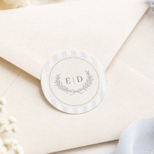Sticker Rond Mariage à monogramme rayé bleu et vert sauge
