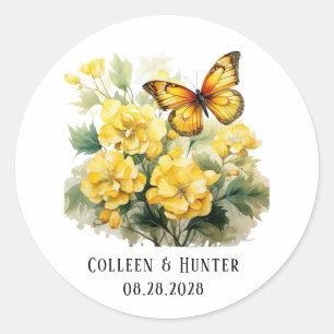 Sticker Rond Mariage à papillon jaune chic Hydrangea