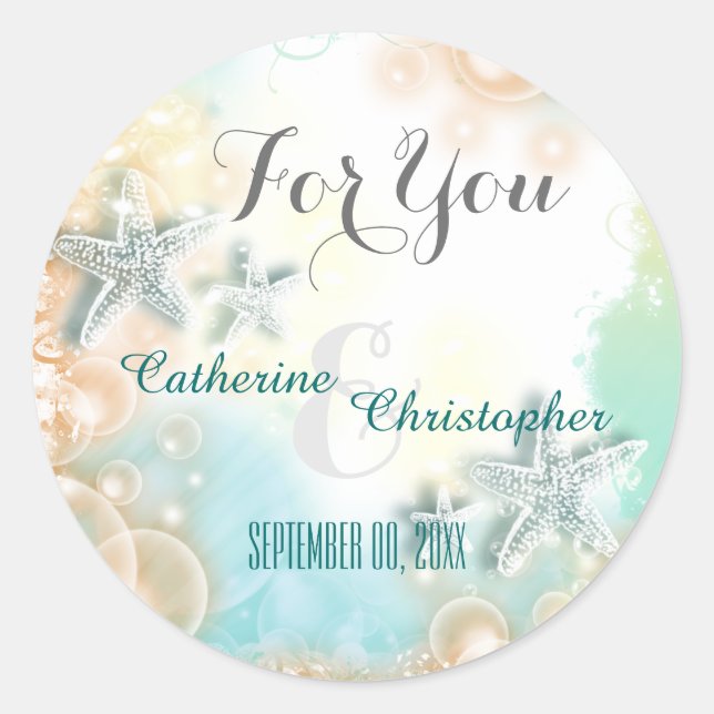 Sticker Rond Mariage à thème de plage Starfish "Pour vous" (Devant)