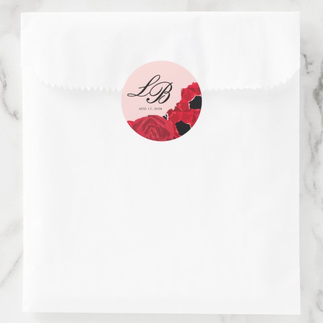 Sticker Rond Mariage Abstrait Roses Rouges et Pavots (Sac)
