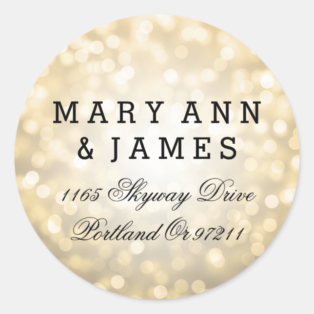 Sticker Rond Mariage Adresse Gold Parties scintillant lumières (Devant)