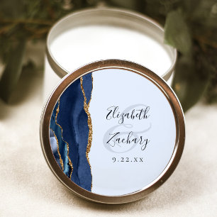 Sticker Rond Mariage Agate Bleu Marine Écriture Pale Bleu Or