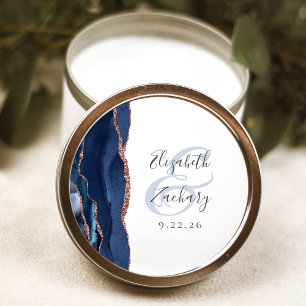 Sticker Rond Mariage Agate Géode Écriture Bleu Nuit Rose Or