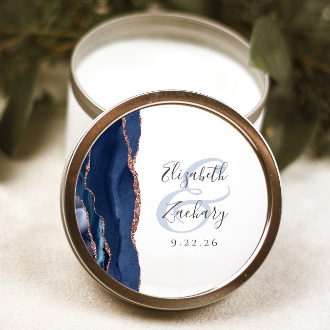 Sticker Rond Mariage Agate Géode Écriture Bleu Nuit Rose Or (Créateur téléchargé)