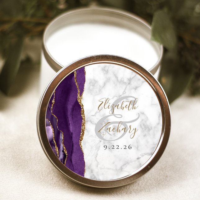 Sticker Rond Mariage Agate Purple Gold Script Marbre (Créateur téléchargé)