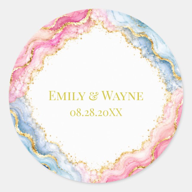 Sticker Rond Mariage Agate Rose Bleu Or (Devant)