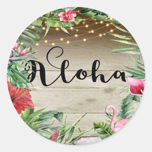 Sticker Rond Mariage Aloha Tropical Bois Floral Feuilles & Lumi (Devant)