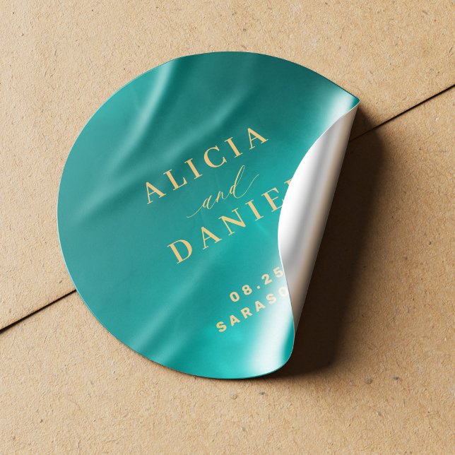 Sticker Rond Mariage Aqua or bleu été océan (Créateur téléchargé)