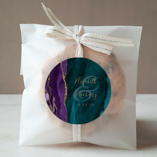 Sticker Rond Mariage Aquarelle Agate Script Violet Or Turquoise