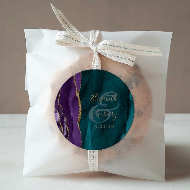 Sticker Rond Mariage Aquarelle Agate Script Violet Or Turquoise (Créateur téléchargé)