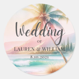 Sticker Rond Mariage aquarelle aux palmiers de la plage