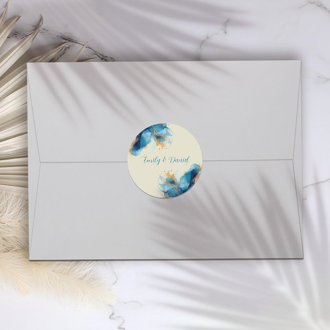 Sticker Rond Mariage aquarelle bleu et or abstrait (Créateur téléchargé)