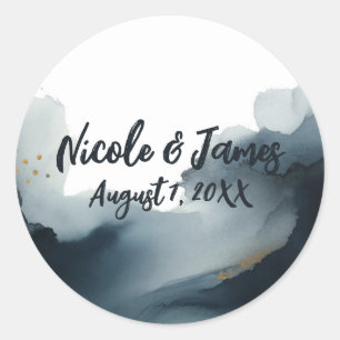 Sticker Rond Mariage aquarelle bleu marine et or