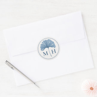 Sticker Rond Mariage aquarelle botanique bleu poussiéreux Monog