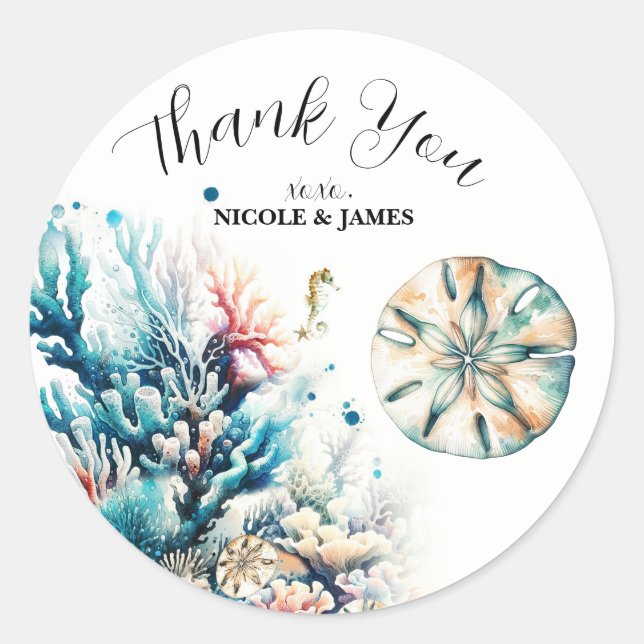 Sticker Rond Mariage Aquarelle Corail de Mer Ocean Splash (Devant)