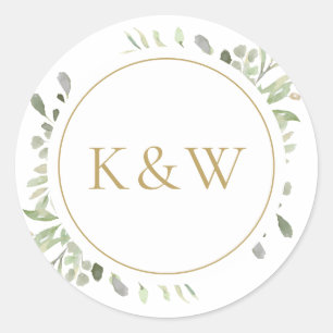 Sticker Rond Mariage Aquarelle de Verdure à Monogramme Doré