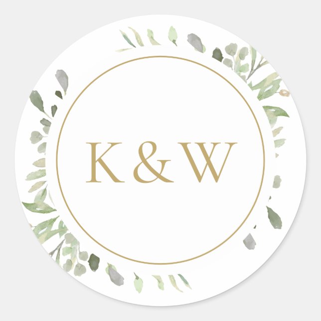 Sticker Rond Mariage Aquarelle de Verdure à Monogramme Doré (Devant)