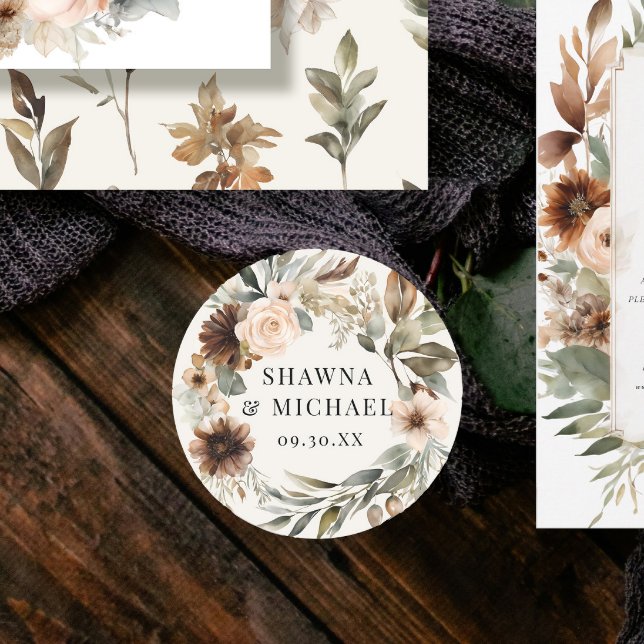 Sticker Rond Mariage aquarelle florale automnale pêche terracot (Créateur téléchargé)