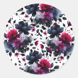 Sticker Rond Mariage aquarelle florale rose et bleu magenta