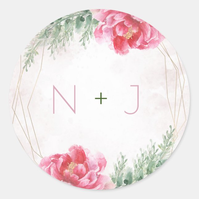 Sticker Rond Mariage aquarelle florale verdure rose blush (Devant)