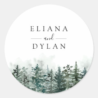 Sticker Rond Mariage aquarelle hivernal en forêt