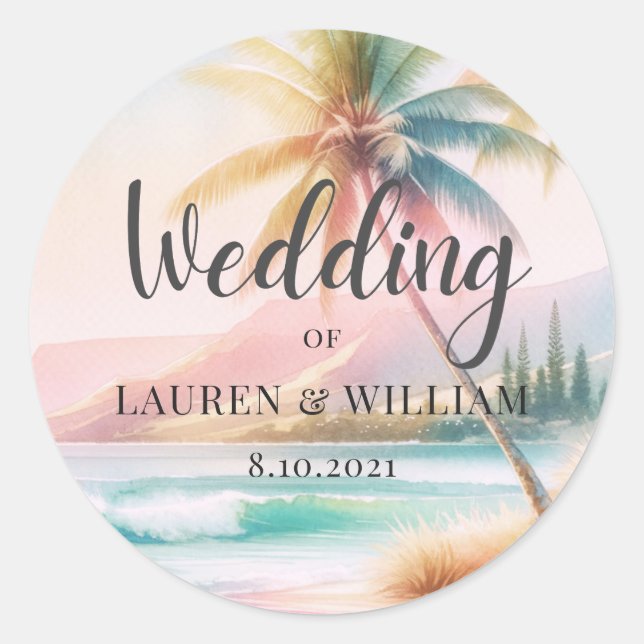 Sticker Rond Mariage aquarelle palmiers plage (Devant)