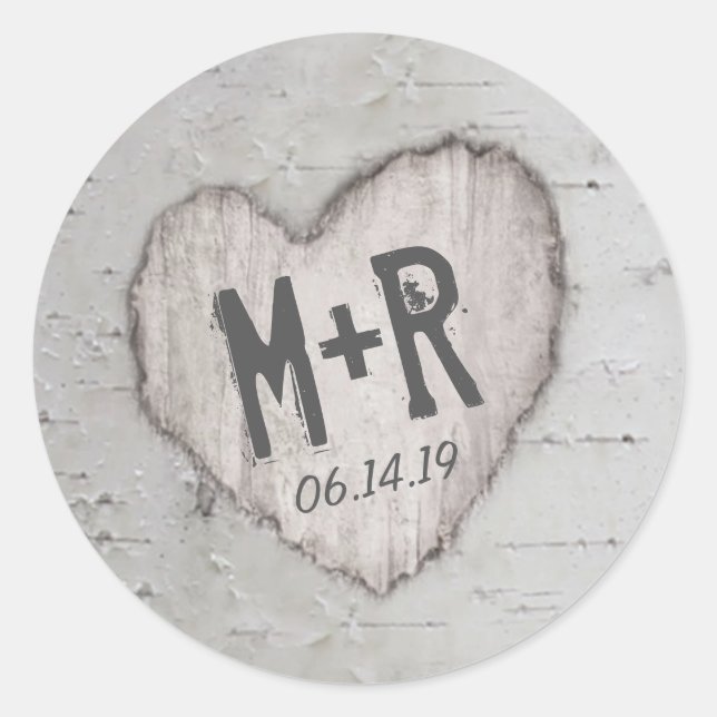 Sticker Rond Mariage Arbre de bouleau à coeurs sculptés rustiqu (Devant)