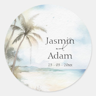 Sticker Rond Mariage Arbre de Palmier de Plage Tropicale Aquare