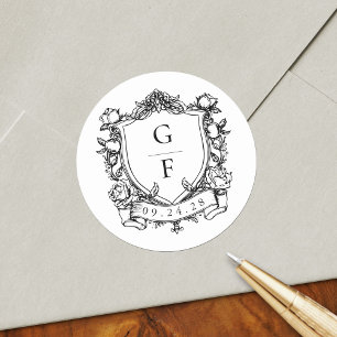 Sticker Rond Mariage Armoiries Monogramme Roses Françaises Élég