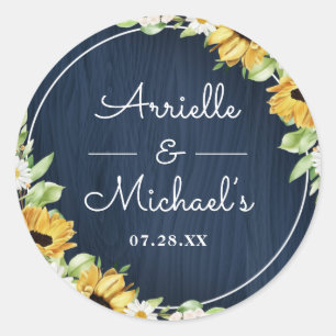 Sticker Rond Mariage Arrière - plan Rustic Sunflower Navy Blue