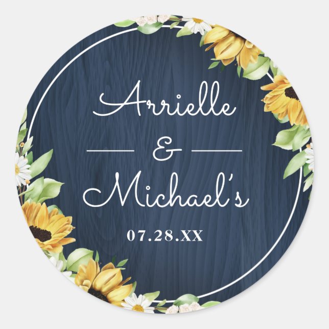 Sticker Rond Mariage Arrière - plan Rustic Sunflower Navy Blue  (Devant)