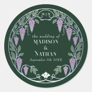 Sticker Rond Mariage Art Nouveau Argent Fleurs de Glycine Roses