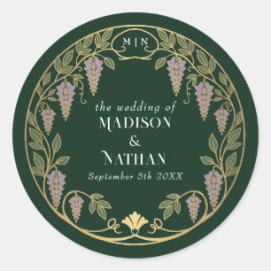 Sticker Rond Mariage Art Nouveau Or et Wisteria Violet
