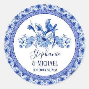 Sticker Rond Mariage asiatique bleu marine blanc Chinoiserie