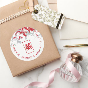 Sticker Rond Mariage asiatique zen feuilles de bambou rouges et