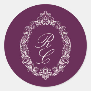Sticker Rond Mariage au Blason Monogramme Baroque Prune